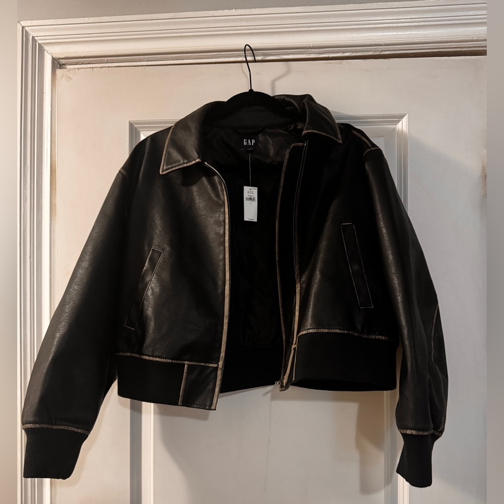 GAP Women's Black Vegan Leather Jacket with Contrast Stitching